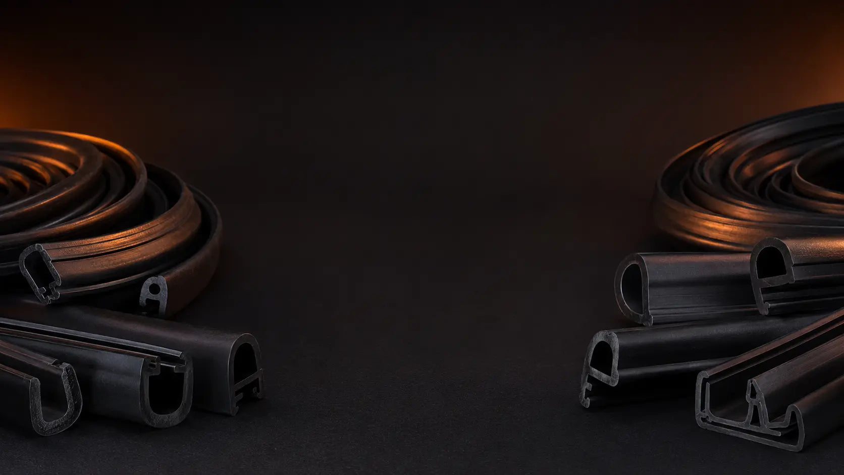 Assorted black rubber extrusion profiles in a dark studio
